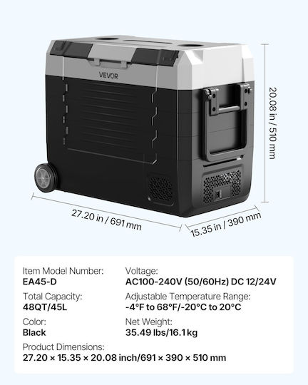 Vevor Преносим Хладилник 45л Капацитет 100-240V / 12V / 24V Черен