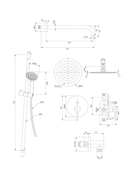 Omnires Built-in Mixer Phone & Shower Head Set for Shower Silver