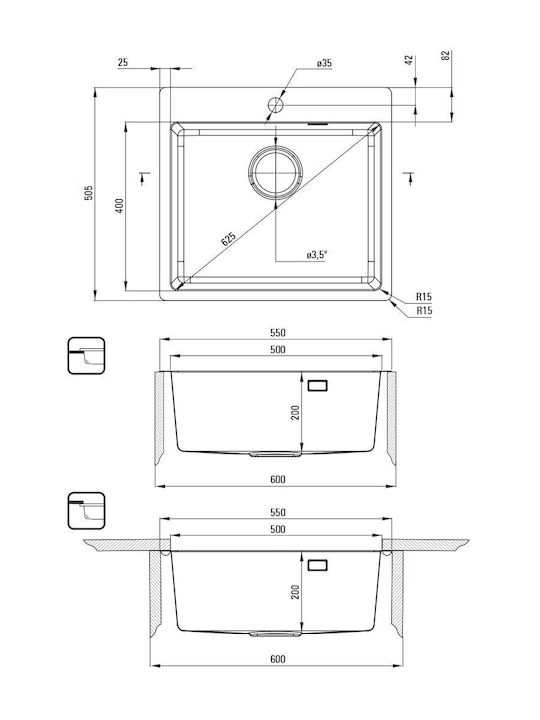 Deante Undermount Kitchen Sink Inox Brushed L50.5xW55cm Brown