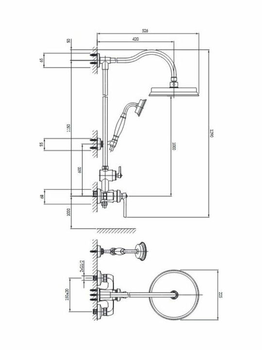 Omnires Shower Column with Bathtub Mixer Copper