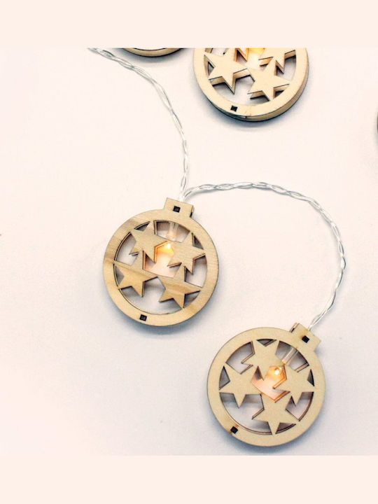 Wooden Christmas Motifs Round Star 10 LED String Battery 3xAA with Timer 6on/18off