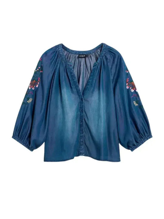 Μακρυμάνικο Γυναικείο Τζιν Πουκάμισο Blue Floral