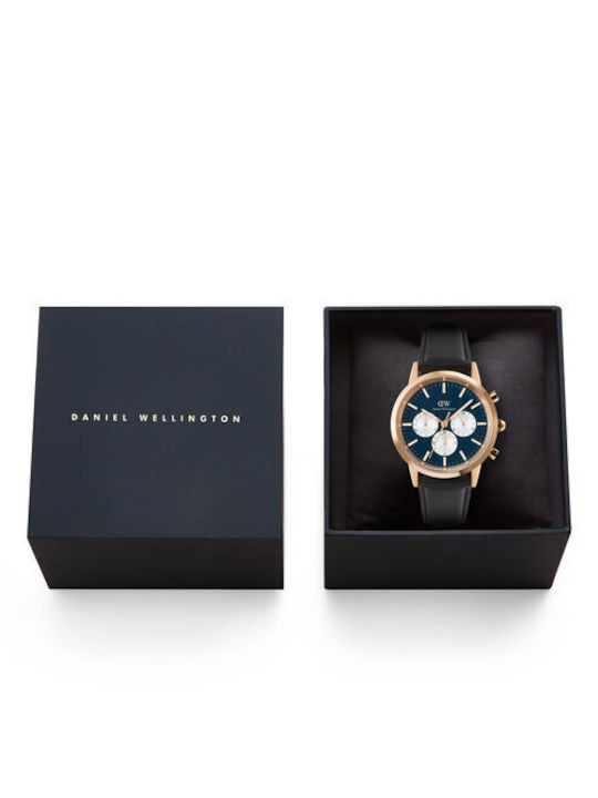 Daniel Wellington Iconic Ανδρικό Ρολόι Χρονογράφος Μπαταρίας με Μαύρο Δερμάτινο Λουράκι