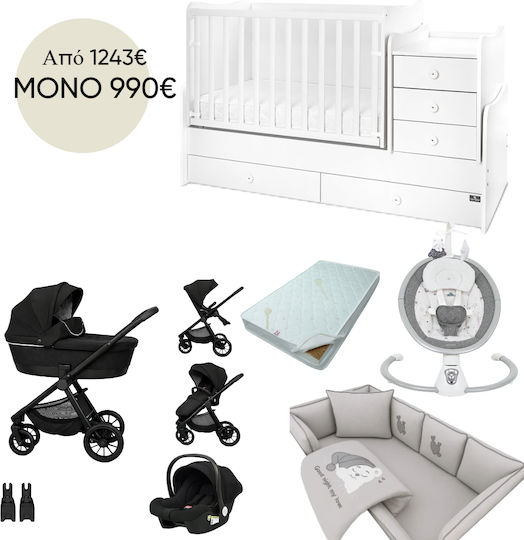 Beboulino Baby-Möbel-Set mit Bett, Baby-Wäsche & Matratze Grau / Grau