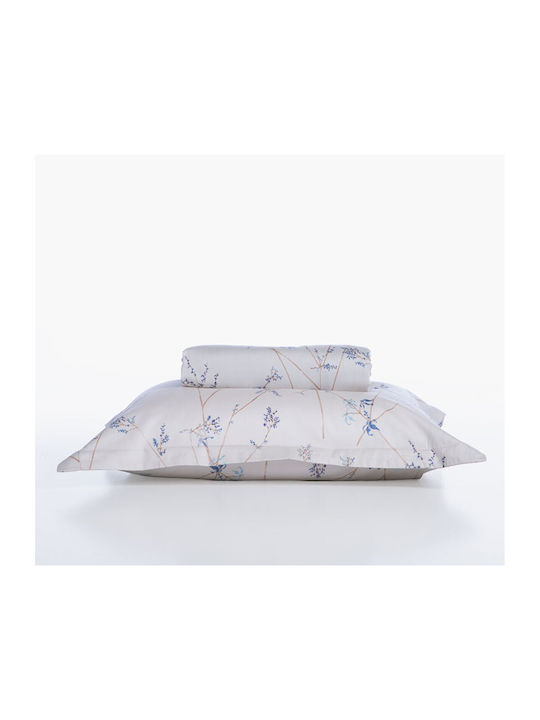 Nef-Nef Homeware Cotton Satin Duvet Cover Set 240x230cm Double with 2 Pillowcases Desirous Off White-blue
