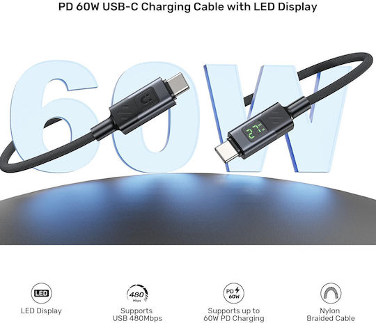 Unitek Braided / LED USB 2.0 Cable USB-C male - USB-C 60W PD 1m