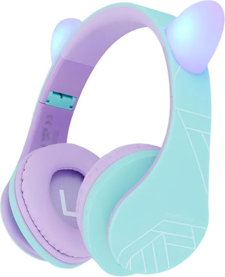 PowerLocus P2 Kids Cat Ears Ασύρματα / Ενσύρματα Over Ear Ακουστικά με Ραδιόφωνο με 20 ώρες Λειτουργίας Blue & Purple