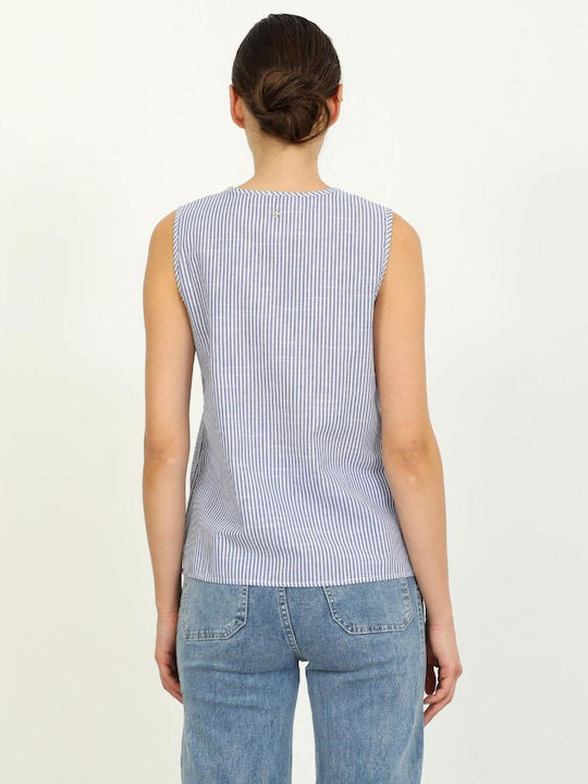 Women's Cotton Blouse with V-Neck Striped Blue