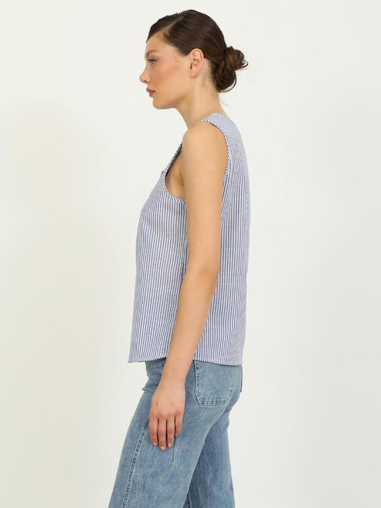 Women's Cotton Blouse with V-Neck Striped Blue