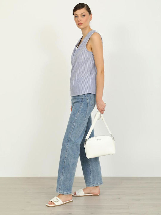 Women's Cotton Blouse with V-Neck Striped Blue