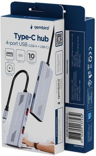 Gembird Hub 4 Θυρών USB 3.2 με σύνδεση USB-C Ασημί