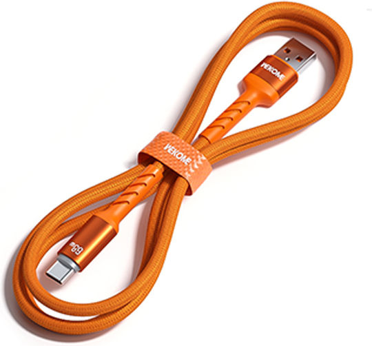 WK LED Braided USB 2.0 Cable USB-C Male - USB-C 88W PD Orange 1.2m 250962