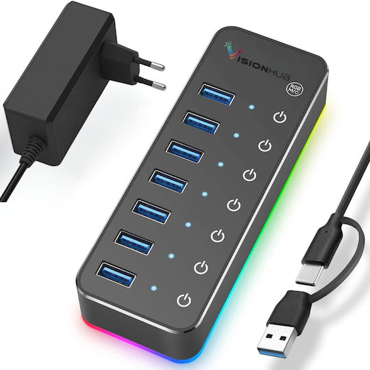 Hub USB 3.0 cu 14 Porturi cu Conectare USB-A / USB-C Roșu