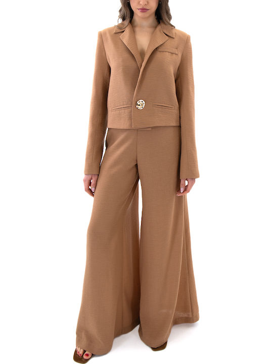 C. Manolo Pants Women C.manolo Γυναικεία Ψηλόμεση Υφασμάτινη Παντελόνα με Λάστιχο Camel