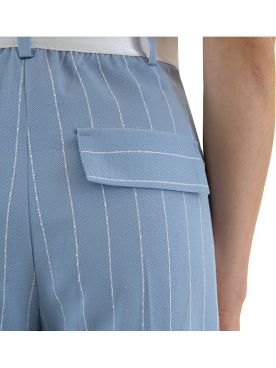 Pants Women C.manolo High Rise Fabric Trousers with Rubber Band in Straight Leg Style Striped White-Blue