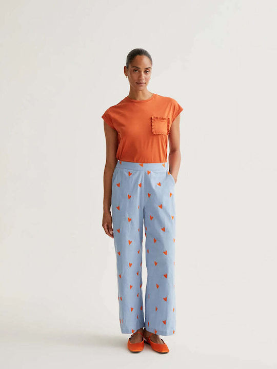 Women's High Rise Fabric Trousers with Rubber Band in Regular Fit Light Blue