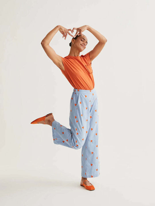 Women's High Rise Fabric Trousers with Rubber Band in Regular Fit Light Blue