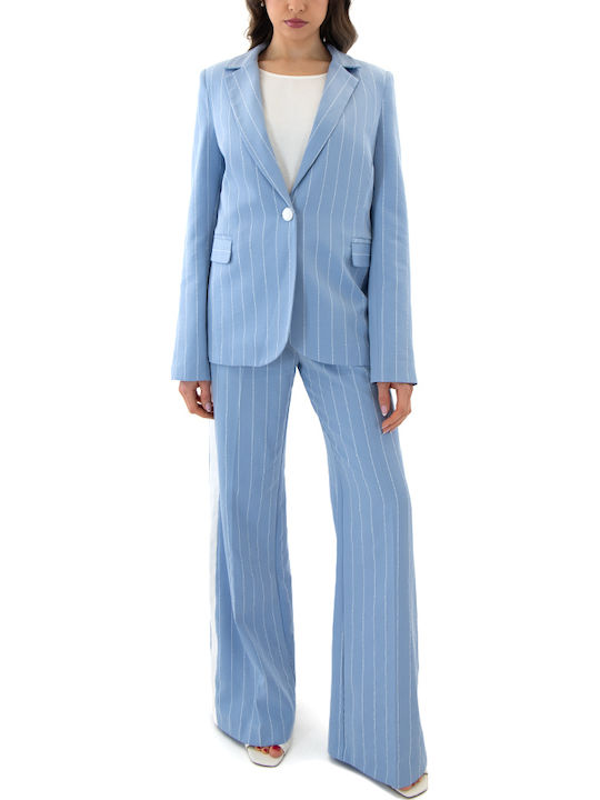 Pants Women C.manolo High Rise Fabric Trousers with Rubber Band in Straight Leg Style Striped White-Blue
