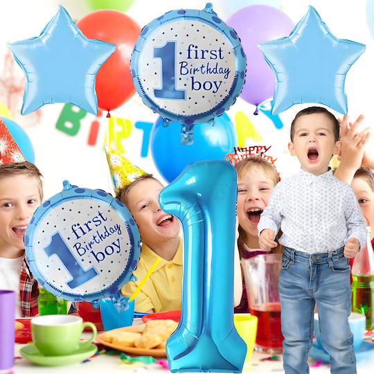 Set 5 Baloane Rotunde Zi De Naștere Folie Albastre Jumbo 68.5 cm