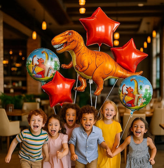 Set 5 Baloane Rotunde Zi De Naștere Dinozauri Folie Roșii Jumbo 104 cm