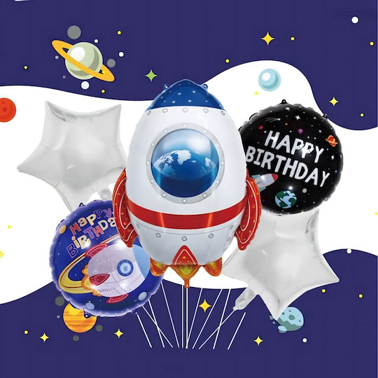 Set 5 Baloane Rotunde Zi De Naștere Astronauți Folie Argintii Jumbo 66 cm