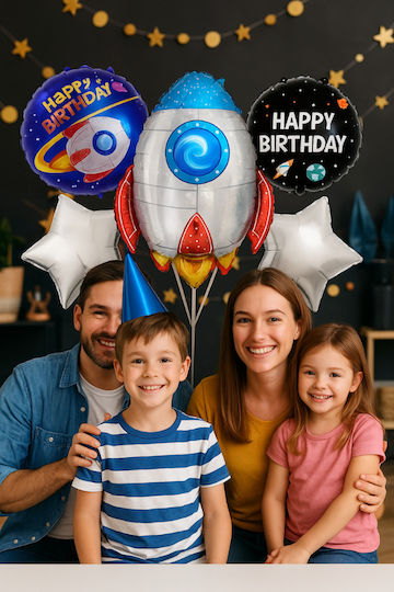 Set 5 Baloane Rotunde Zi De Naștere Astronauți Folie Argintii Jumbo 66 cm