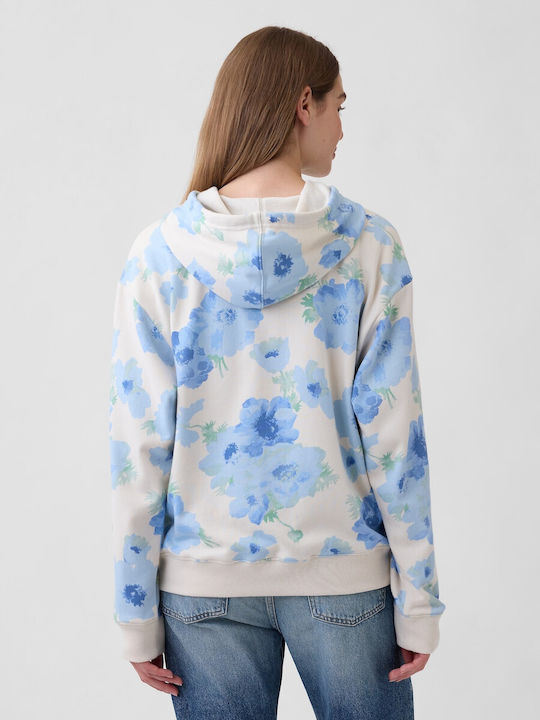 Μακρύ Γυναικείο Φούτερ με Κουκούλα White Blue Floral