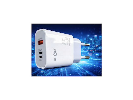 KLGO Charger Without Cable with USB-A Port and 2 USB-C Ports 45W Whites (PD-68)