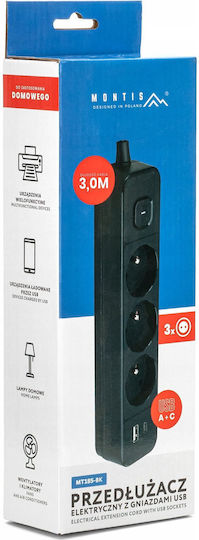 Montis Bandă de Alimentare cu 3 Prize cu USB-A și Cablu de 3m