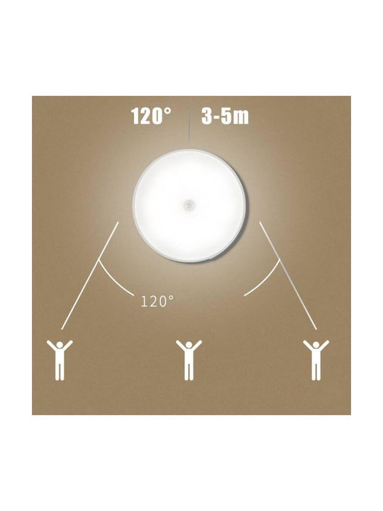Lampă De Perete Led Senzor De Mișcare Montare Magnetică Încărcare Usb Baterie Reîncărcabilă Lumină Alb Rece Plastic Diametru 8.5 Cm Albă
