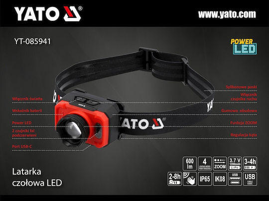 Yato Επαναφορτιζόμενος Φακός Κεφαλής LED με Μέγιστη Φωτεινότητα 600lm