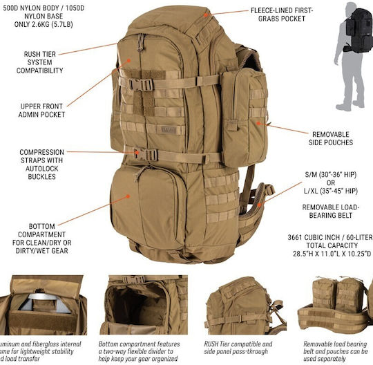 5.11 Tactical ''rush'' Στρατιωτικό Σακίδιο Πλάτης από Cordura Μπεζ 60lt