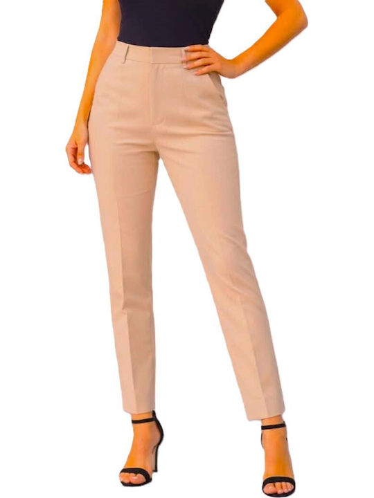 Women's High Rise Fabric Trousers in Straight Leg Beige