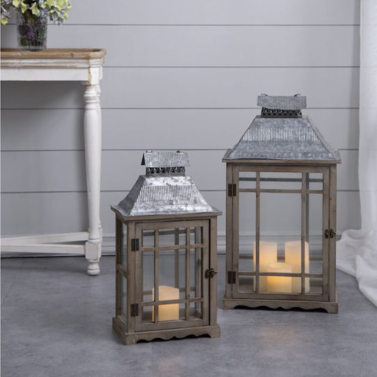 Artekko Set Wooden Tabletop Lanterns Brown 2 Pieces
