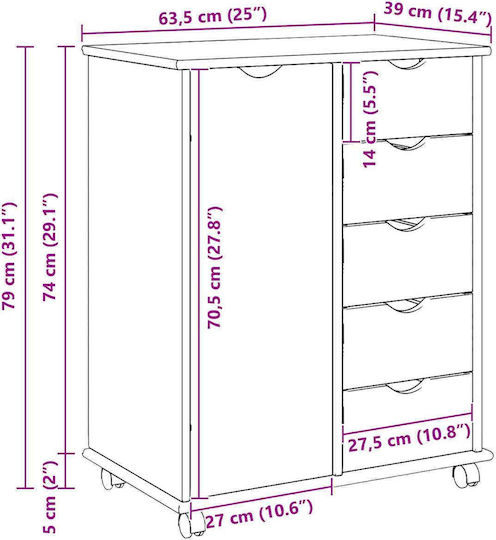 Bedroom Chest of Drawers Made of Solid Wood with 5 Drawers Gray 63.5x39x79cm