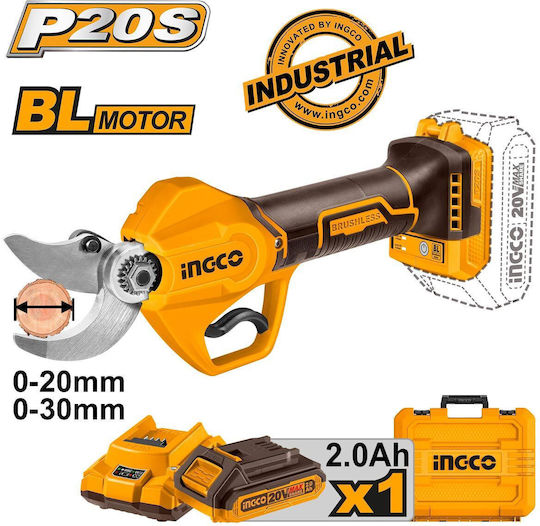 Ingco Pruning Shears Battery Brushless 20V 1x2Ah with Maximum Cutting Diameter 30mm in Carrying Case