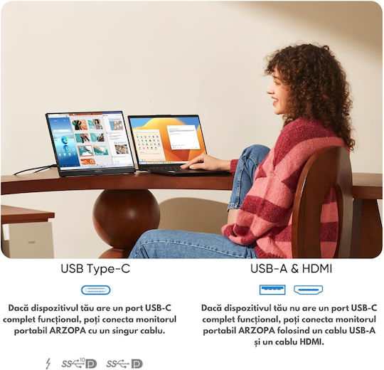 Qova Arzopa A1S IPS HDR Monitor Portabil 14" FHD 1920x1080 cu Timp de Răspuns 25ms GTG