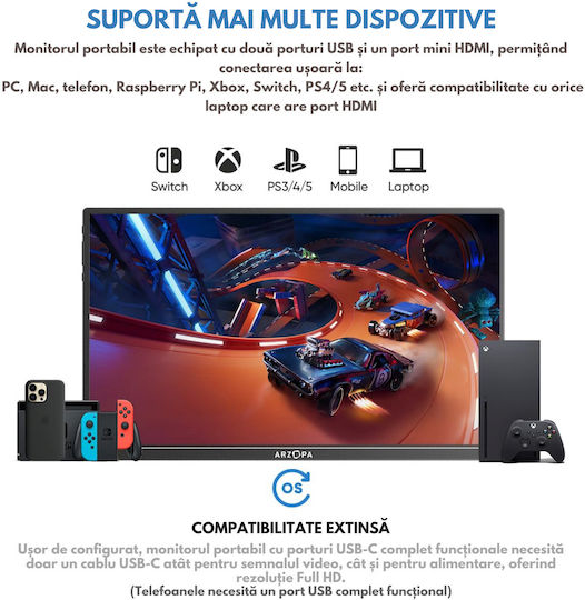 Qova Arzopa A1S IPS HDR Monitor Portabil 14" FHD 1920x1080 cu Timp de Răspuns 25ms GTG
