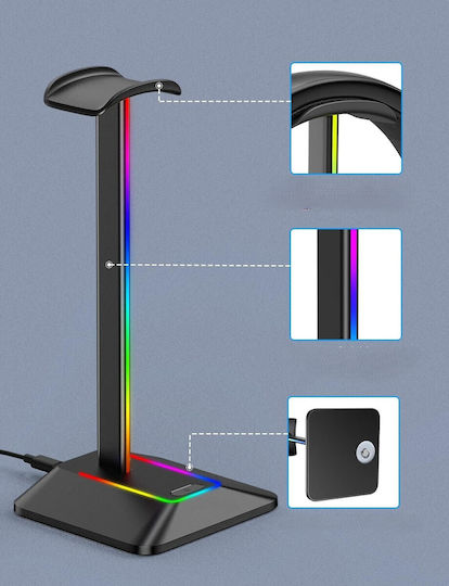 Suport Pentru Căști On-ear Iluminare LED RGB Zola Multifuncțional 2 Porturi USB 2.0 Încorporate Cablu Alimentare Aluminiu Plastic 12.3 X 10.3 X 26.7 Cm Negru