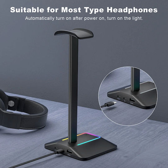 Suport Pentru Căști On-ear Iluminare LED RGB Zola Multifuncțional 2 Porturi USB 2.0 Încorporate Cablu Alimentare Aluminiu Plastic 12.3 X 10.3 X 26.7 Cm Negru