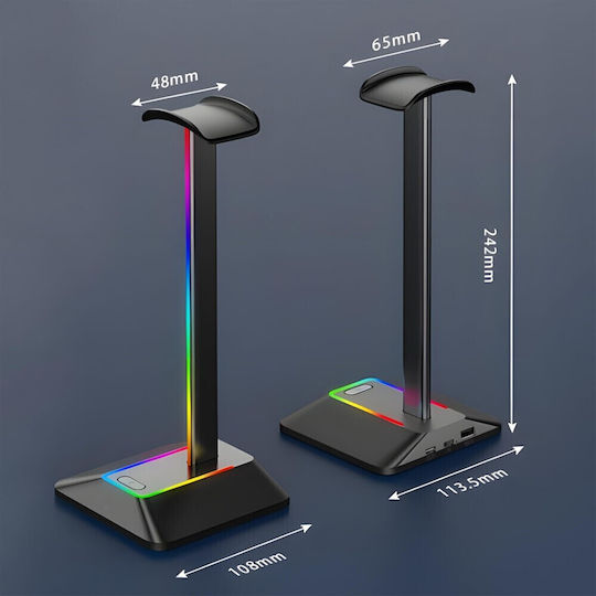Suport Pentru Căști On-ear Iluminare LED RGB Zola Multifuncțional 2 Porturi USB 2.0 Încorporate Cablu Alimentare Aluminiu Plastic 12.3 X 10.3 X 26.7 Cm Negru