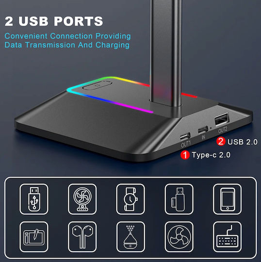 Suport Pentru Căști On-ear Iluminare LED RGB Zola Multifuncțional 2 Porturi USB 2.0 Încorporate Cablu Alimentare Aluminiu Plastic 12.3 X 10.3 X 26.7 Cm Negru