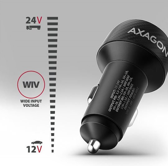 Axagon Handy-Autoladegerät 48W 2.4A Schnellladen mit Anschlüssen: 1xUSB 1xType-C Schwarz Farbe