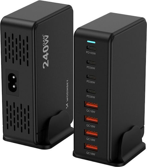 Wozinsky Charging Stand GaN with 3 USB-A Ports and 5 USB-C Ports 240W Power Delivery / Quick Charge 4.0 in Black color (WSL-240)