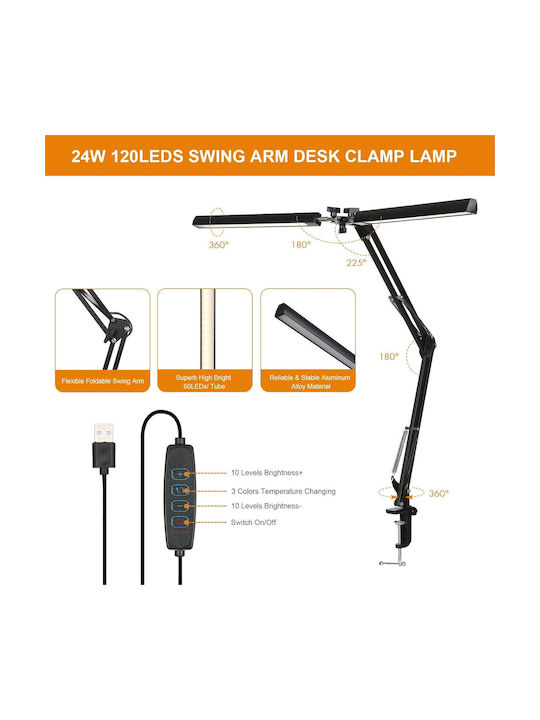 LED Iluminat de Birou cu Braț Flexibil și Clip în Culoare Neagră