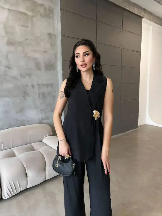 Damen Schwarz Satz mit Hochbundhose mit Gummiband