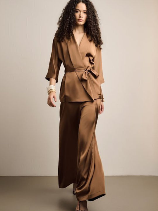 Women's Satin Trousers with Rubber Band in Loose Fit Brown