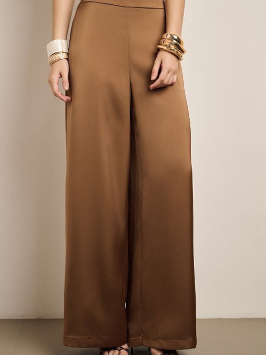 Women's Satin Trousers with Rubber Band in Loose Fit Brown