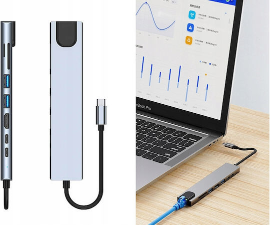 USB 3.0 Hub 10 Ports with USB-A / Ethernet Connection & Gray Charging Port