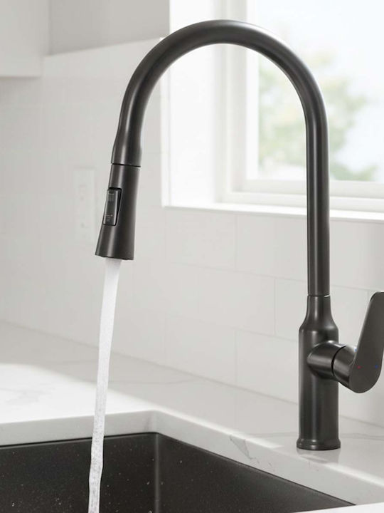 Avizar Baterie Chiuvetă Bucătărie Extensibilă Cu Duș Retractabil Flexibil Negru Argintiu